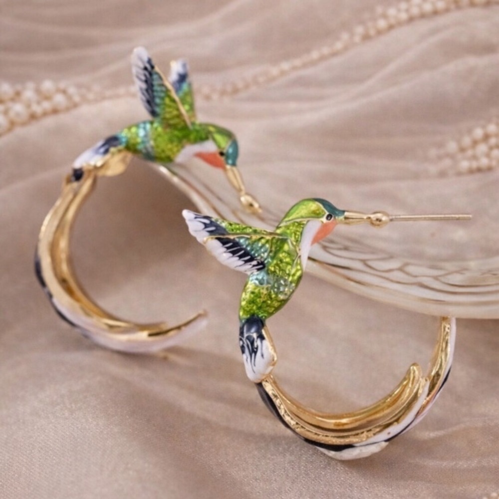 Hummingbird Earrings 24k Gold Plated Hummingbird Enamel Multicolor Earrings new